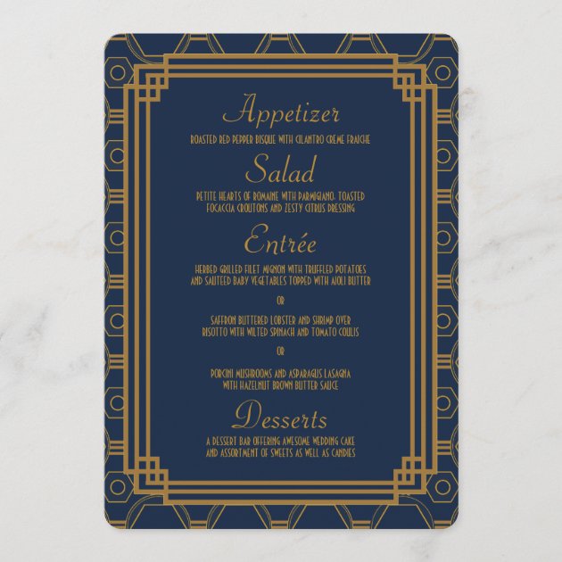 Simple Blue Art Deco Wedding Menu Cards