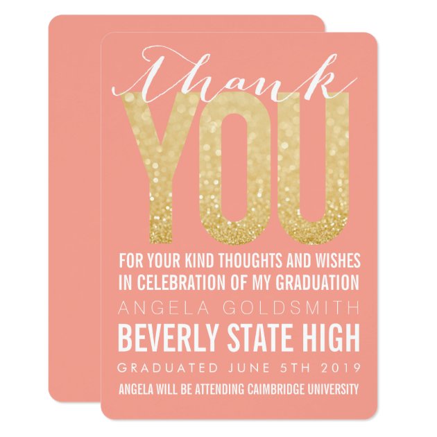 Coral Glitter Typography Graduation Thank You Card