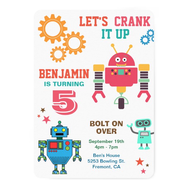 Colorful Robots Kids Birthday Party Invitation