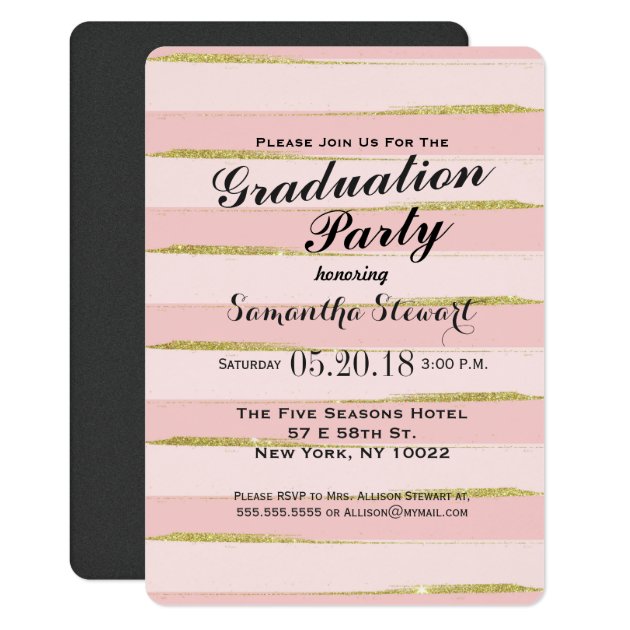 Chic Gold Pink Stripes Graduation Party Invitation