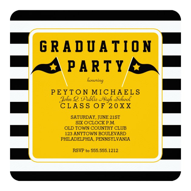 Black |Yellow Sporty Flag Striped Graduation Party Invitation