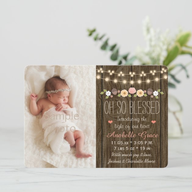 Rustic Floral String Of Lights Birth Announcements