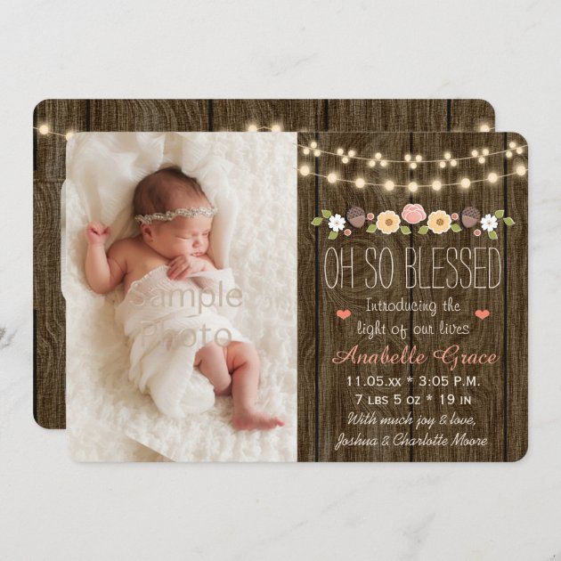 Rustic Floral String Of Lights Birth Announcements