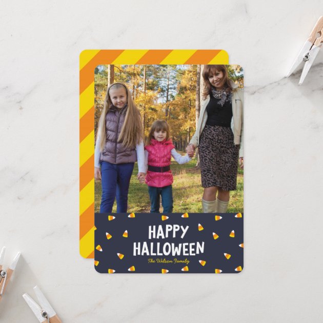Dark Blue Candy Corn Photo Happy Halloween Card