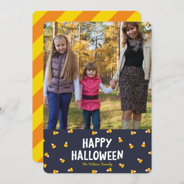 Dark Blue Candy Corn Photo Happy Halloween Card