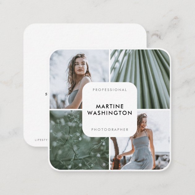 Elegant white border photographer modern minimal square business card (back side)