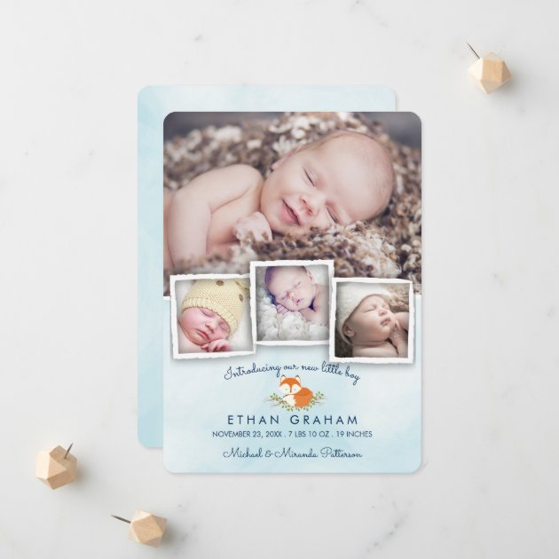 Sky Blue Woodland Fox Baby Boy Birth Announcement