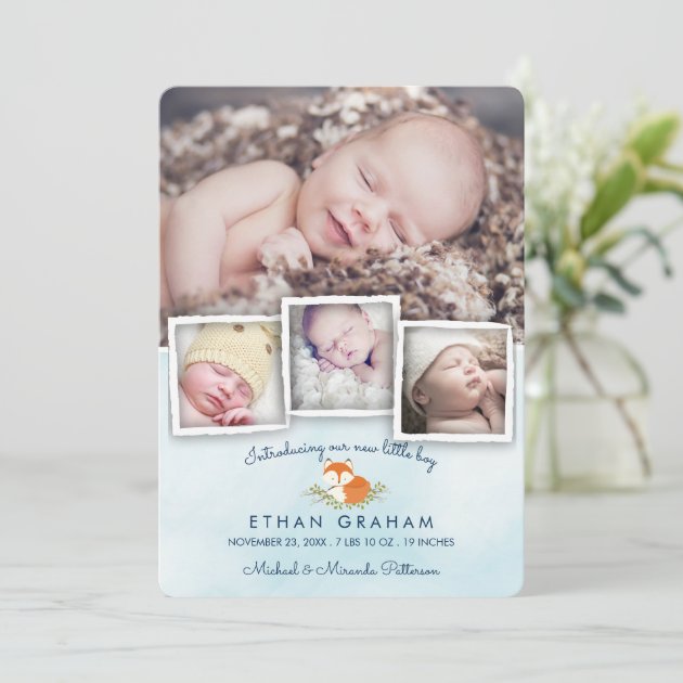 Sky Blue Woodland Fox Baby Boy Birth Announcement