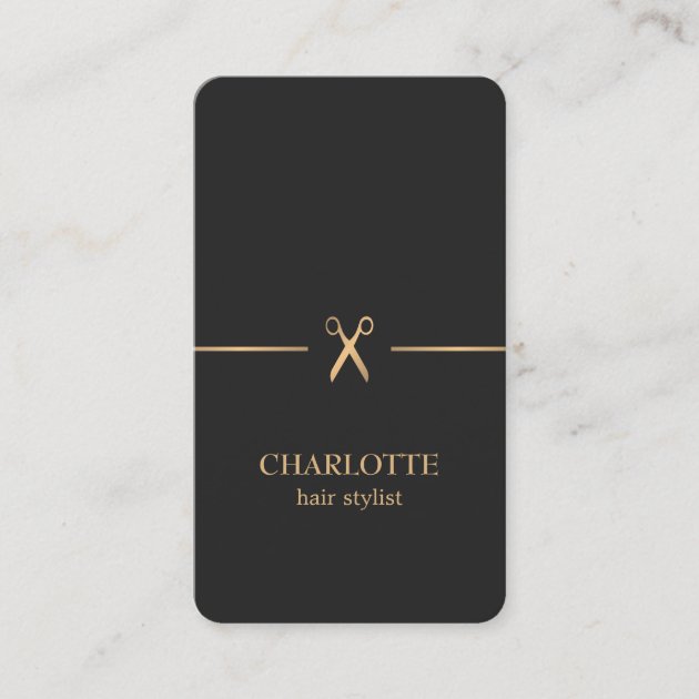 Modern Elegant Chic Faux Gold Black Hair Stylist Business Card (front side)