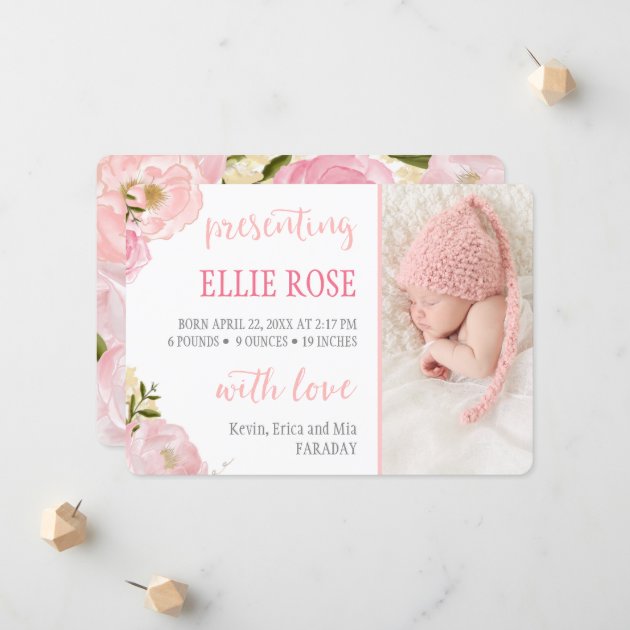 Watercolor Roses Pink Photo Birth Announcements