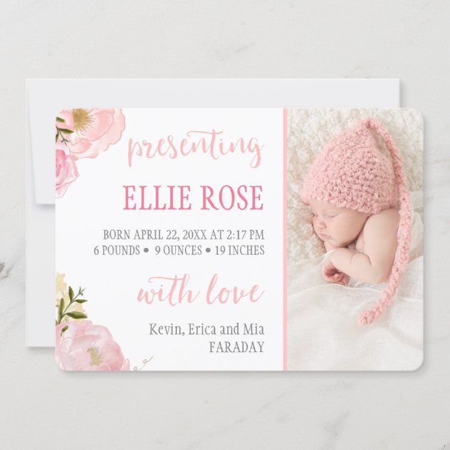 Watercolor Roses Pink Photo Birth Announcements