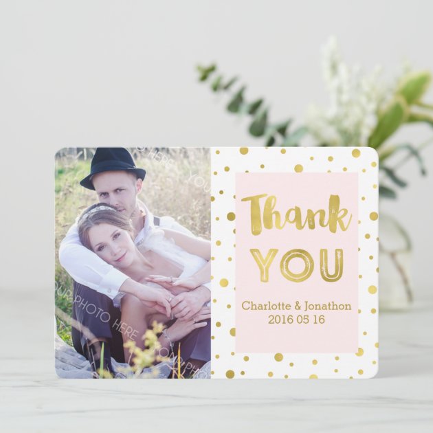 Gold Confetti Pink Wedding Thank You Photo Cards