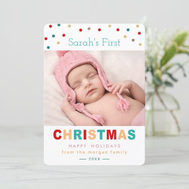 Cute Confetti Dots Baby's First Christmas Photo Holiday Card