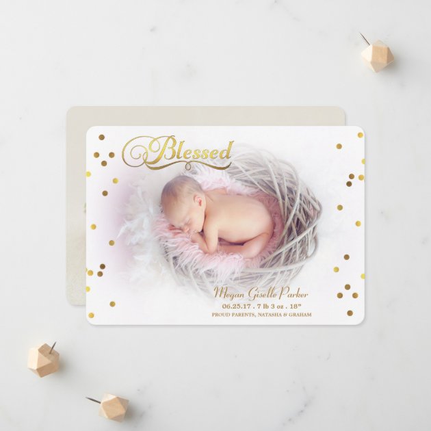 Blessed Gold Confetti Photo Birth Announcement