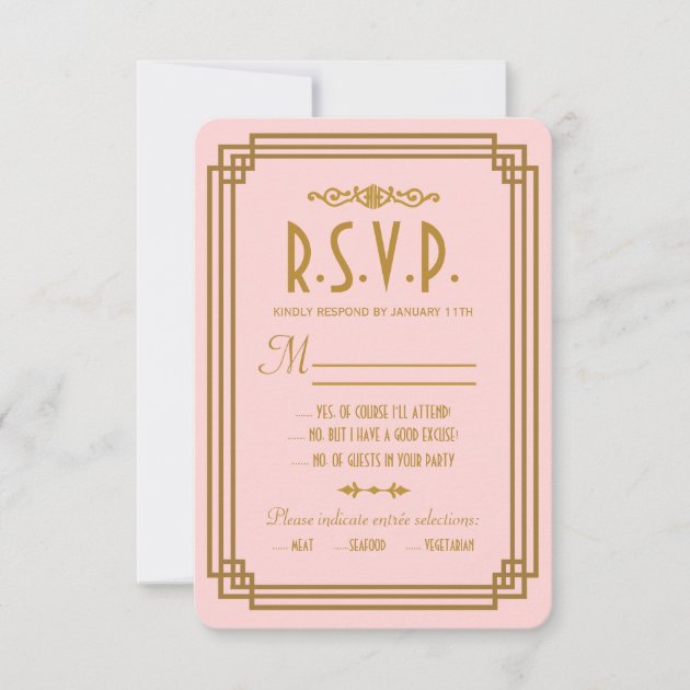 Simple Pink Art Deco Wedding RSVP Cards