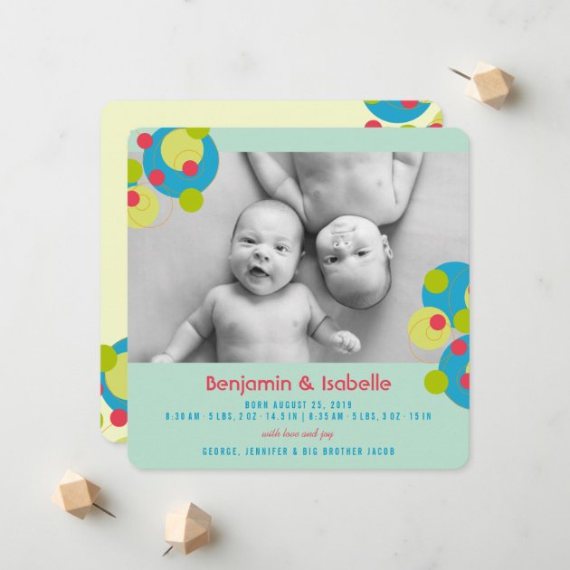 Bubbly Circles Baby Twins Photo Birth Announcement