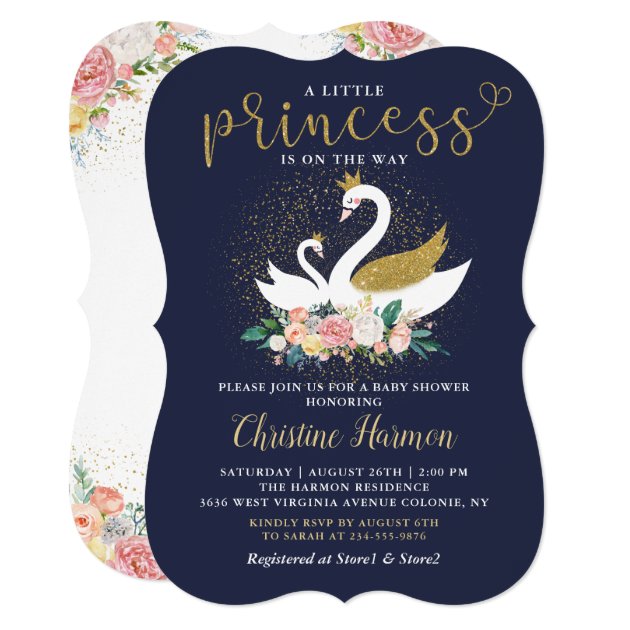 Elegant Gold Swan Princess Pink Floral Baby Shower Invitation