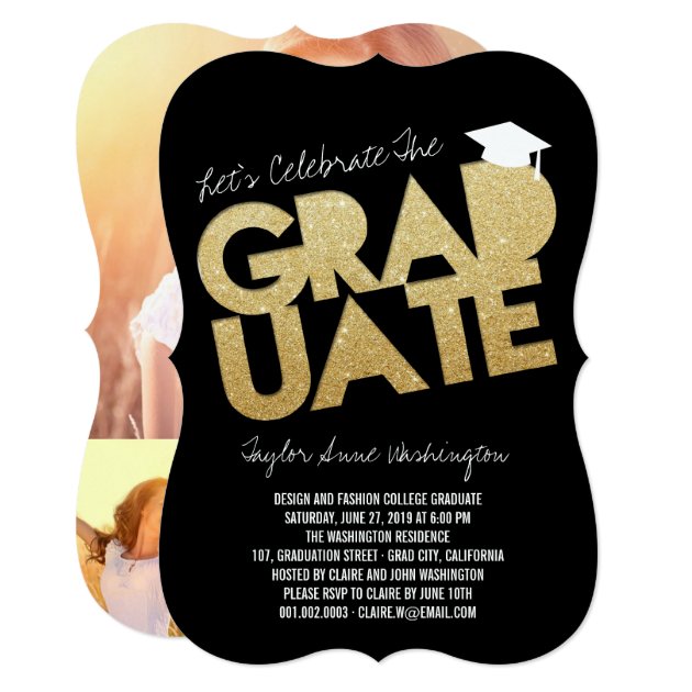 Gold Glitter Graduate Cutout Grad Party Invite