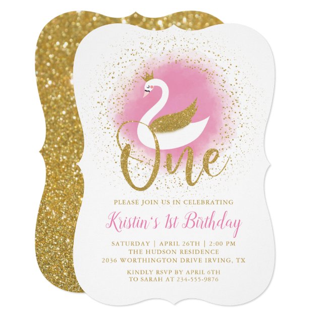 Elegant Pink Gold Swan Princess Girl 1st Birthday Invitation