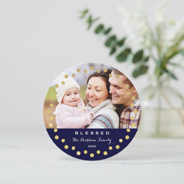 Blessed Holiday Ornament Photo Card / Navy Gold