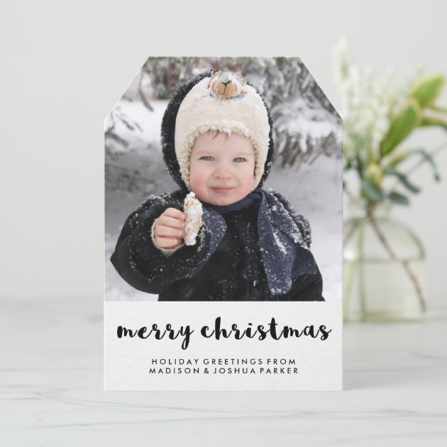 Simple Black And White Merry Christmas With Photo Holiday Card