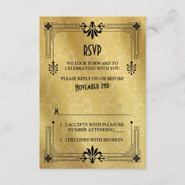 Art Deco Roaring 20s Black Gold Wedding RSVP Card