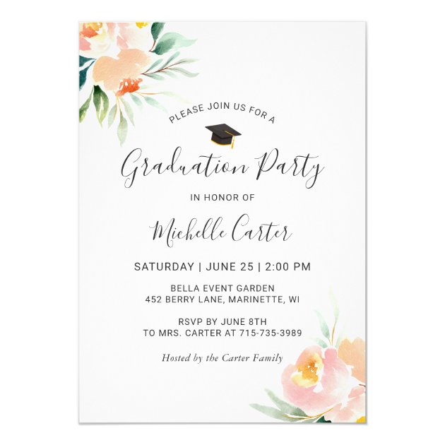 Chic Watercolor Floral Photo Graduation Party Card