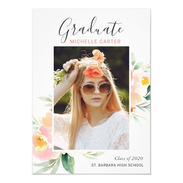 Chic Watercolor Floral Photo Graduation Party Card