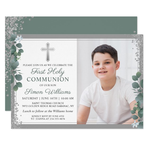 Greenery Silver Glitter First Holy Communion Photo Invitation