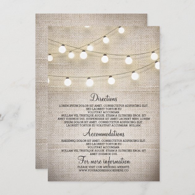 Rustic Burlap String Lights Wedding Details Card