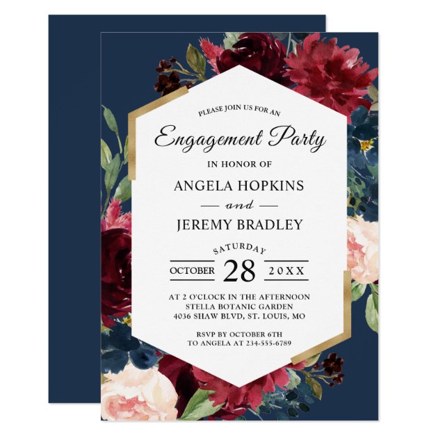 Modern Vintage Blue Burgundy Gold Engagement Party Invitation