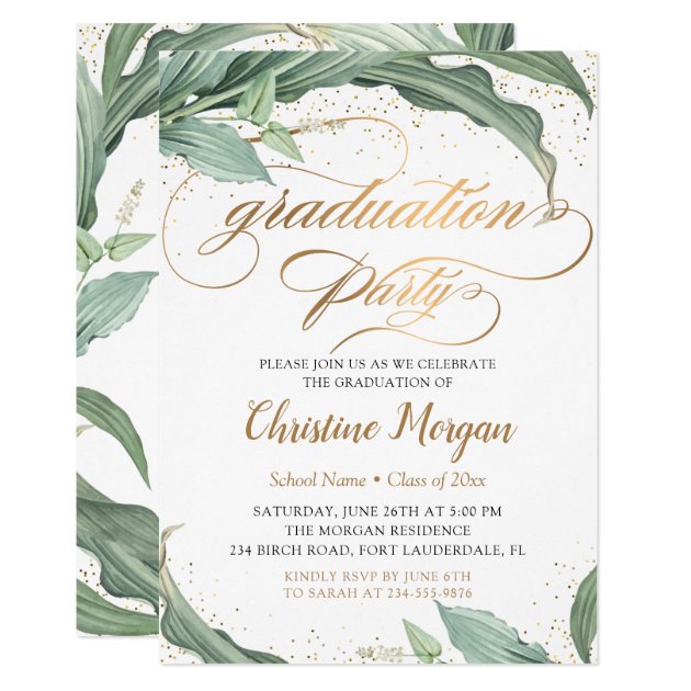 Botanical Leaves Gold Script Graduation Party Invitation