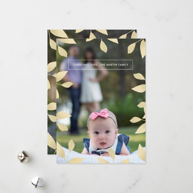 Pretty Faux Gold Leaves Christmas Photo Holiday Card