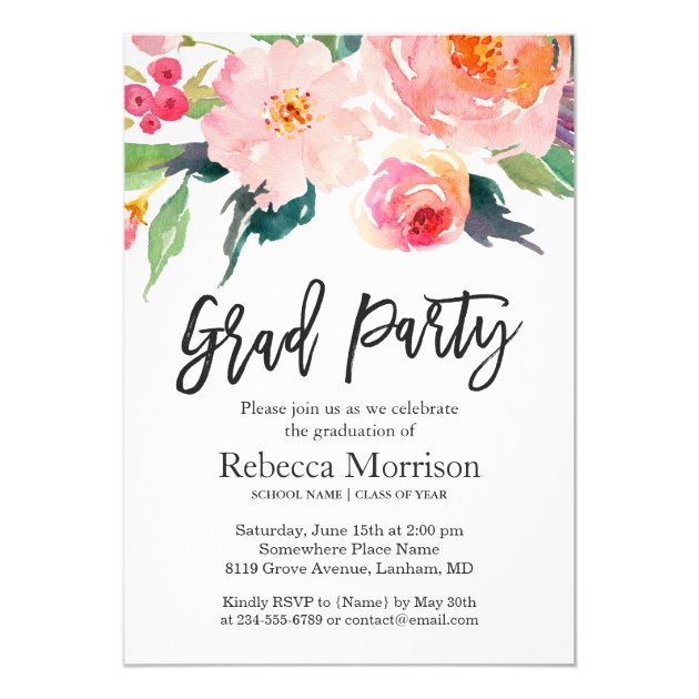 Modern Watercolor Floral Graduation Party Invitation