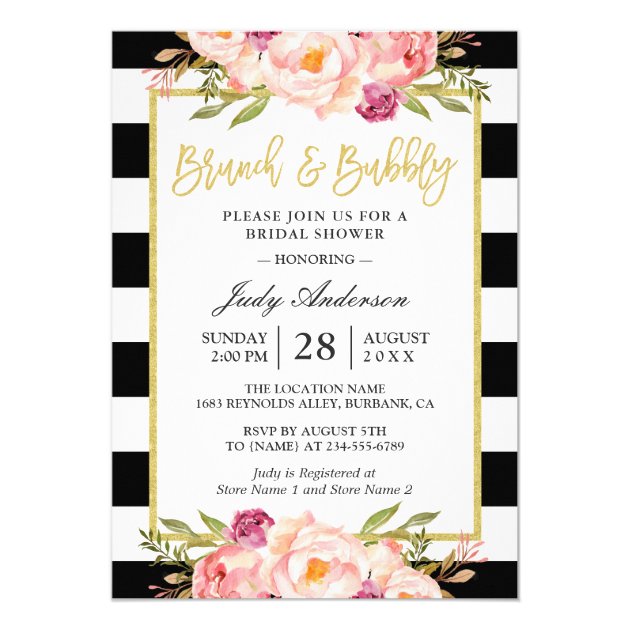 Floral Gold Modern Brunch And Bubbly Bridal Shower Invitation