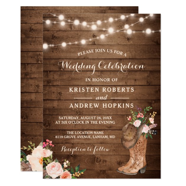 Rustic Boots Cowboy Cowgirl Floral Lights Wedding Card