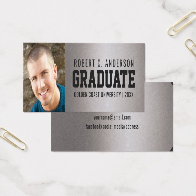 Graduation Photo Sporty Name Card Faux Silver Foil