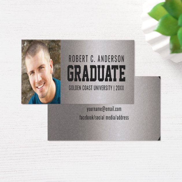 Graduation Photo Sporty Name Card Faux Silver Foil