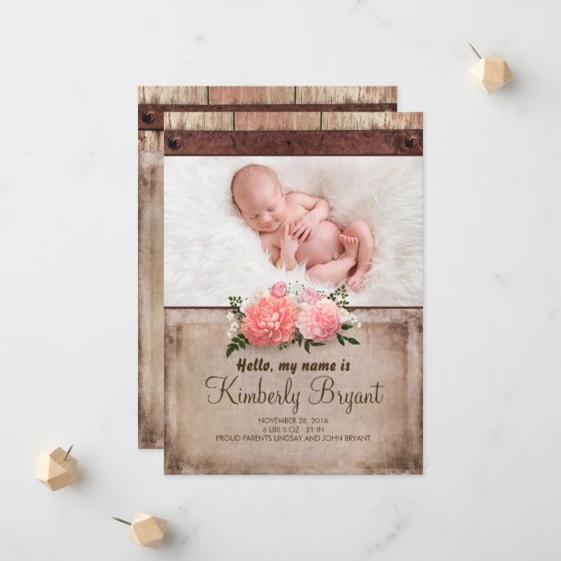 Rustic Burlap And Wood Baby Girl Photo Birth Announcement
