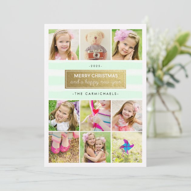 Chic Mint Gold Photo Collage Holidays Card
