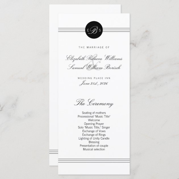 Elegant Chic Black White Monogram Wedding Program