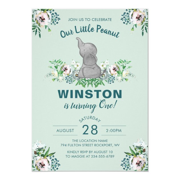 Watercolor Elephant Mint Green Floral 1st Birthday Invitation