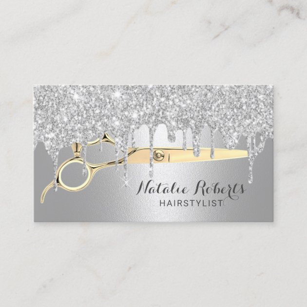Hair Stylist Silver Glitter Drips Beauty Salon Business Card (front side)
