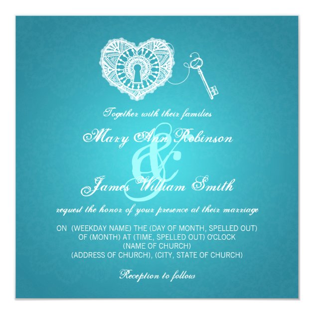 Elegant Wedding Key To My Heart Turquoise Invitation