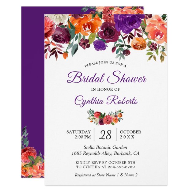 Burgundy Purple Orange Floral Garden Bridal Shower Card