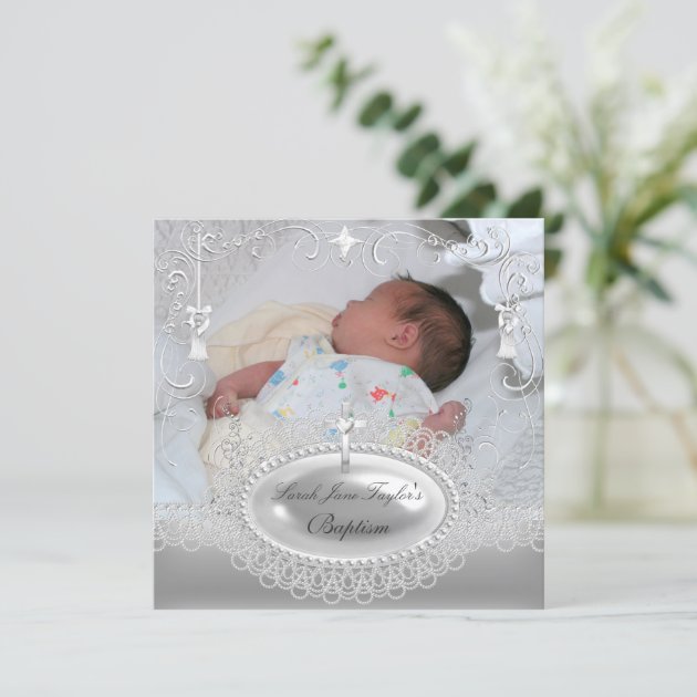 Baby Baptism Girl Boy Christening Silver Pearl Announcement