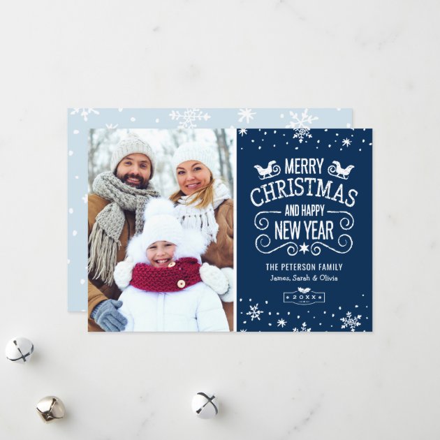 Winter Snowflakes Navy Blue Merry Christmas Photo Holiday Card