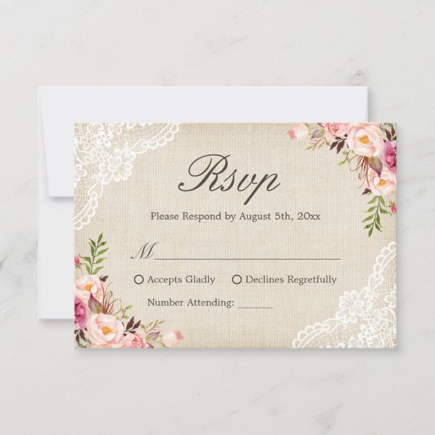 Rustic Country Floral Lace Ivory Burlap RSVP Reply