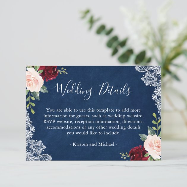 Navy Blue Red Blush Floral Lace Wedding Details Enclosure Card