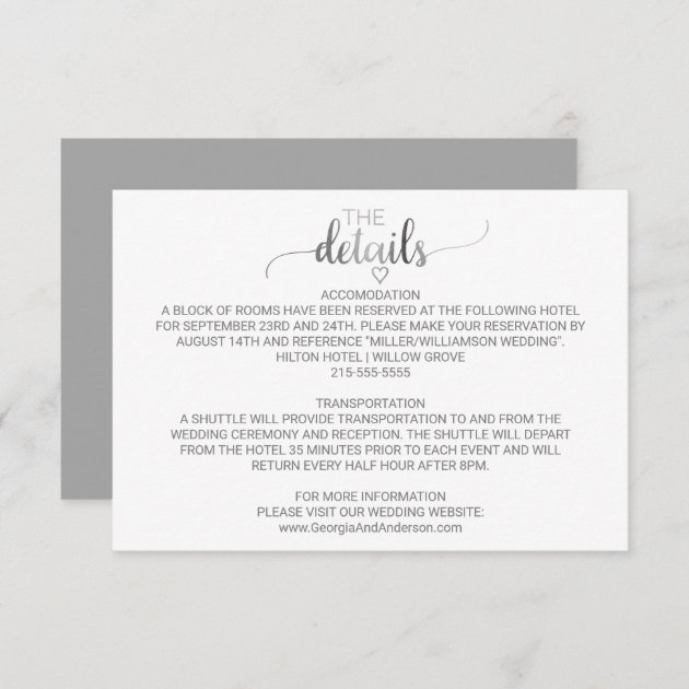 Simple Silver Foil Calligraphy Wedding Details Enclosure Card
